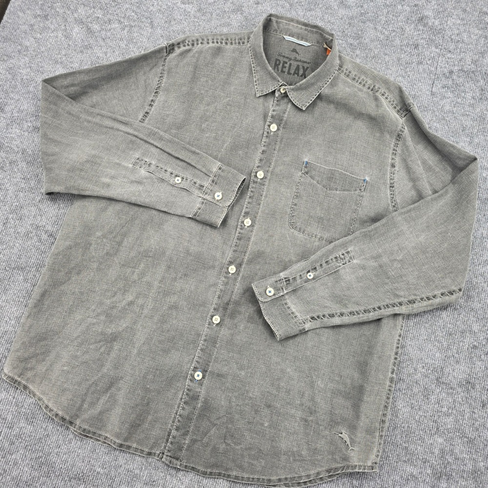 Tommy Bahama Relax Mens XXL Gray 100% Linen Long Sleeve Button Front Shirt